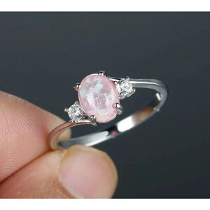 Pink Opal Inlaid Zircon Gem Silver Ring